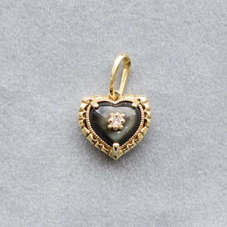 【109P0540】K10YG　黑母貝＆鑽石　愛心　吊墜（黒蝶貝＆ダイヤモンド　ハート　ペンダント）