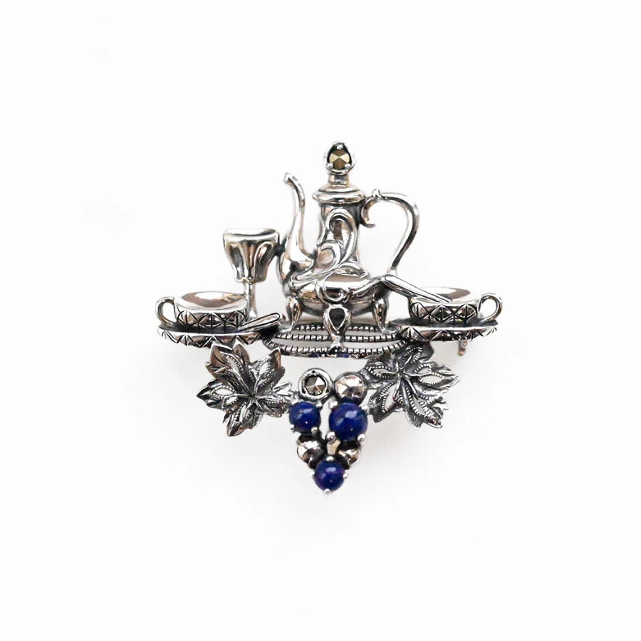 【202C0905-LP】SV　ラピスラズリ＆マルカジット　モネ・庭の昼食　ブローチペンダント