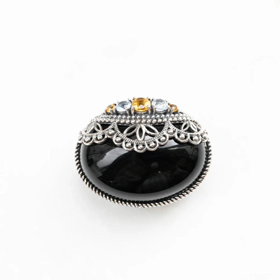 【202C0927-TY】SV　オニキス＆シトリン　レース調イースターエッグ　ブローチペンダント