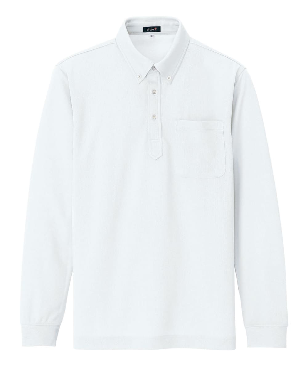 AZ-10598-001　男女兼用吸汗速乾長袖ボタンダウンポロシャツ　ホワイト