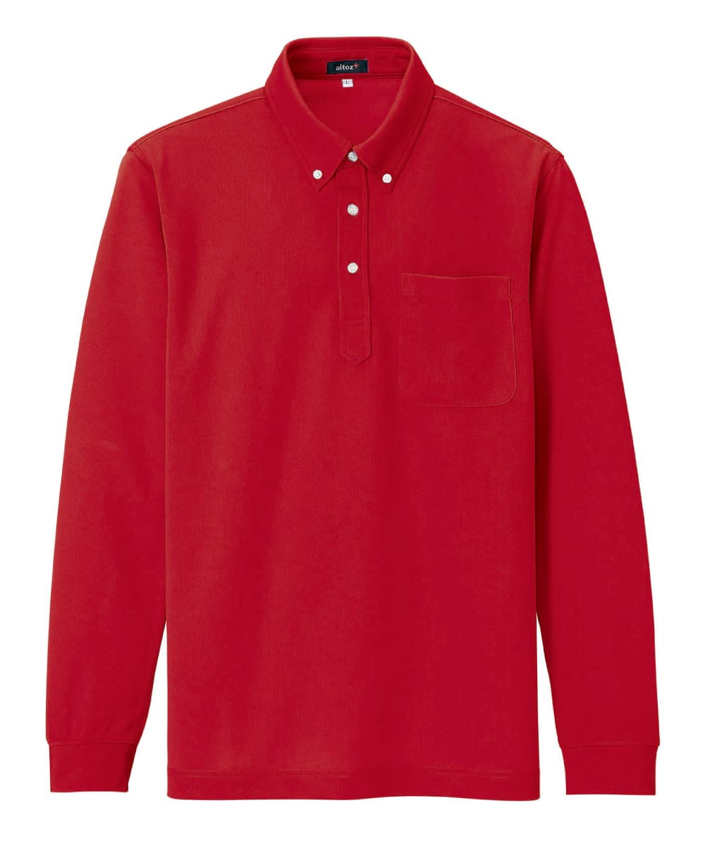 AZ-10598-009　男女兼用吸汗速乾長袖ボタンダウンポロシャツ　レッド