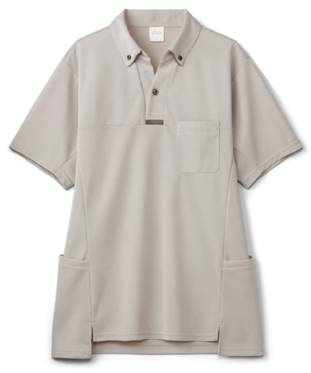 AIK308-14　男女兼用半袖スキッパーニットシャツ　グレージュ