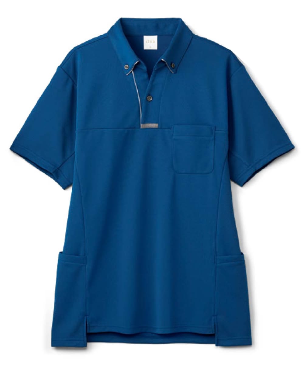 AIK308-39　男女兼用半袖スキッパーニットシャツ　スチールネイビー