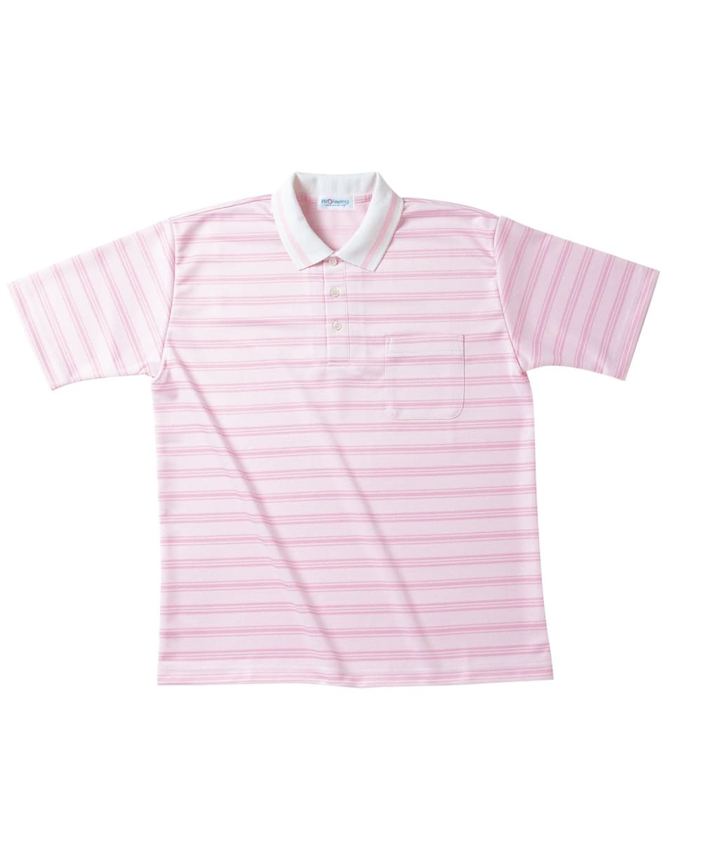 PK373-71　男女兼用半袖ボーダーポロシャツ　ピンク