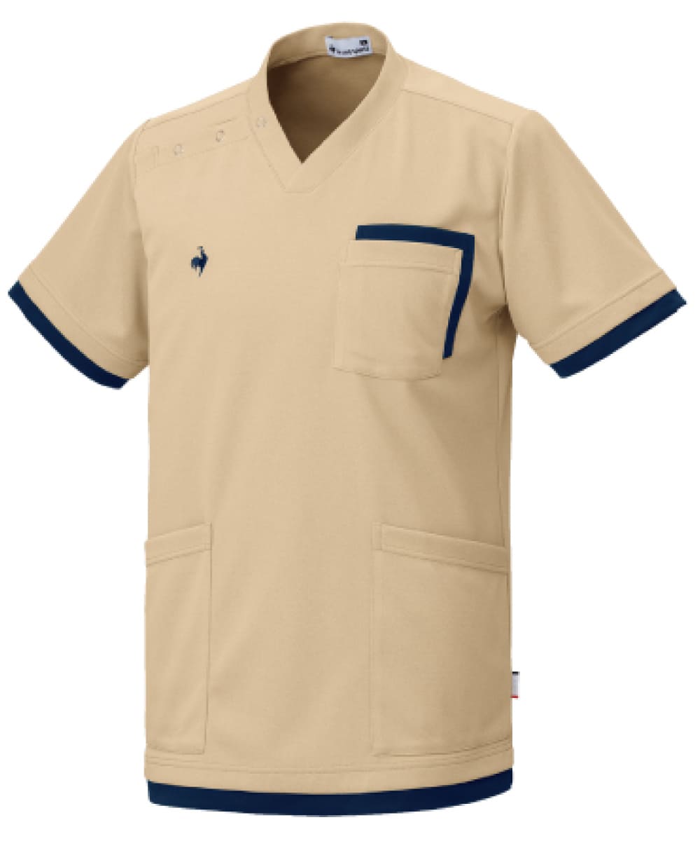 UZL3212-7　男女兼用ニットスクラブ　ベージュ×ネイビー