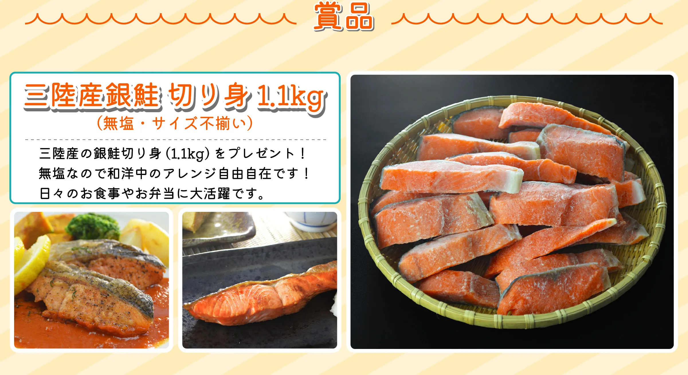 賞品　三陸産銀鮭 切り身 1.1kg（無塩・サイズ不揃い）三陸産の銀鮭切り身(1.1kg)をプレゼント！無塩なので和洋中のアレンジ自由自在です！日々のお食事やお弁当に大活躍です。