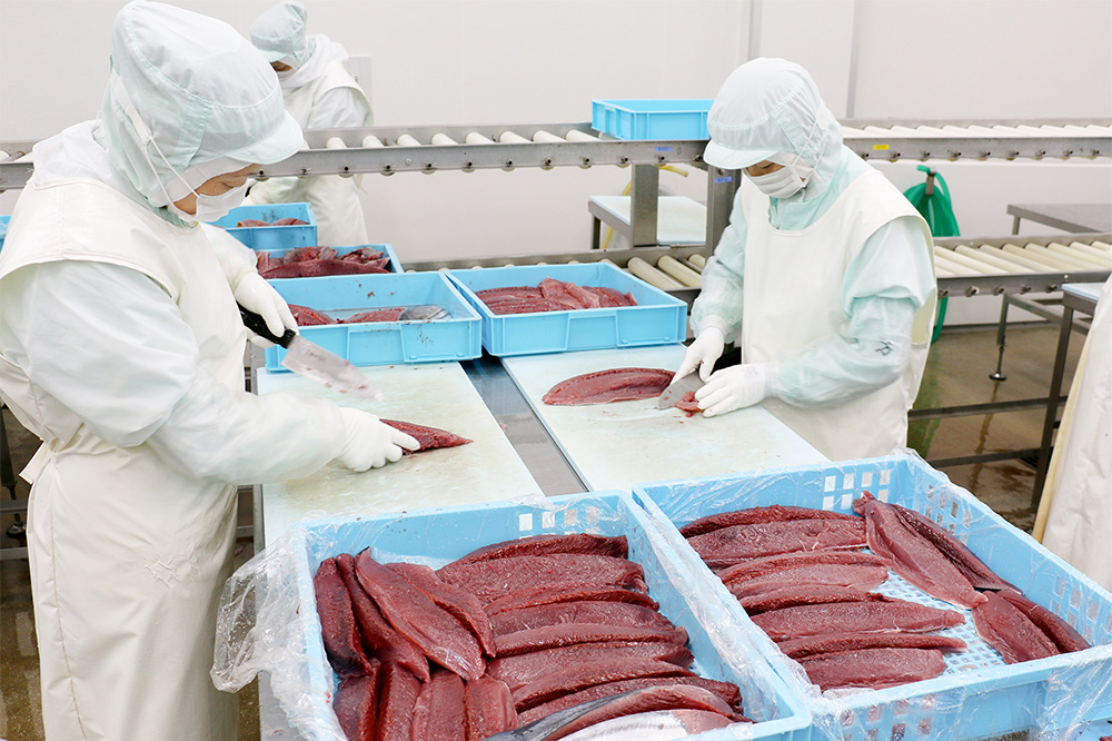 徹底された衛生管理のもと人の手で丁寧に加工