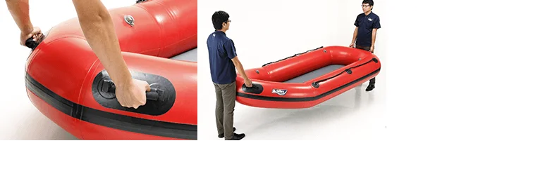 船首・船尾のグリップにより、従来品に比べ持ち運びやすくなりました。全長：310cm、全幅：147cm、総重量：29.5kg　■チューブ素材：・4層構造ゴム引布　・表ゴム：CSM　・繊維：ナイロン470dtex　・裏ゴム：クロロプレン（2層引き）　■標準付属品　・フットポンプ・キャリーバッグ・補修セット