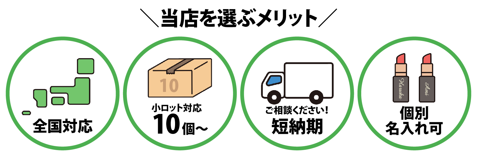 当店を選ぶメリット。全国対応。小ロット対応10個から。短納期。個別名入れ可能