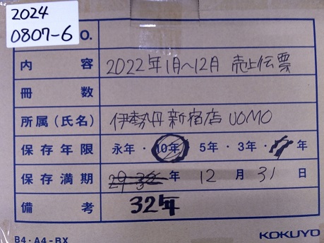 新宿伊勢丹メンズ　2022年　売上伝票（2032/12/31）