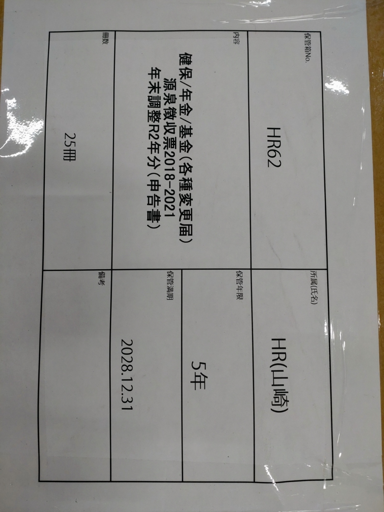 文書保管No. HR62  保管期間2028年12月末  （健保/年金/基金（各種変更届）/源泉徴収票2018-2021/年末調整R2年分（申告書））