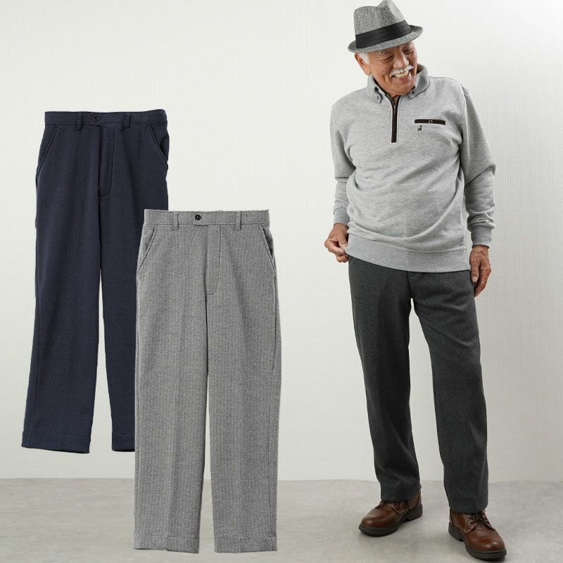 裏起毛へリンボン柄後ろゴムパンツ 冬用 股下68cm