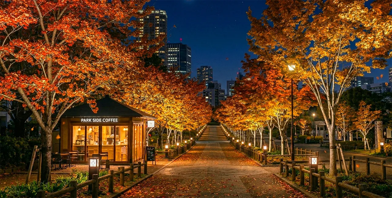 秋｜紅葉の多様な色合いを生かす、電球色の光