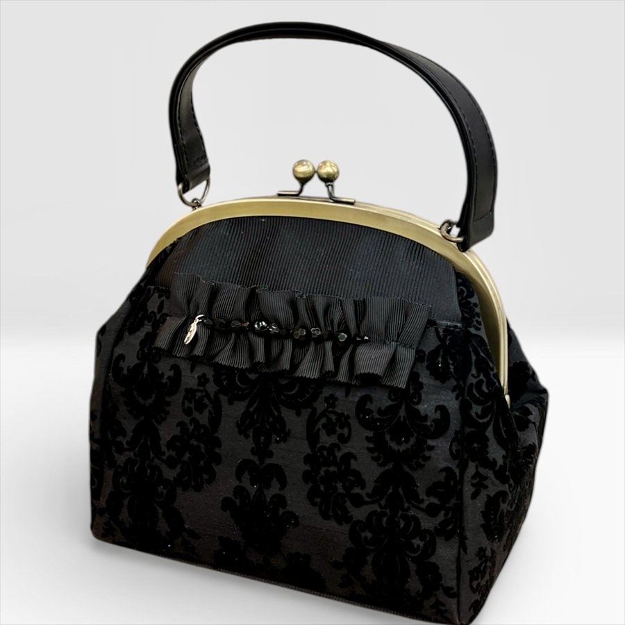 日本製 アラベスクプレミアム フロッキープリント 口金バッグS