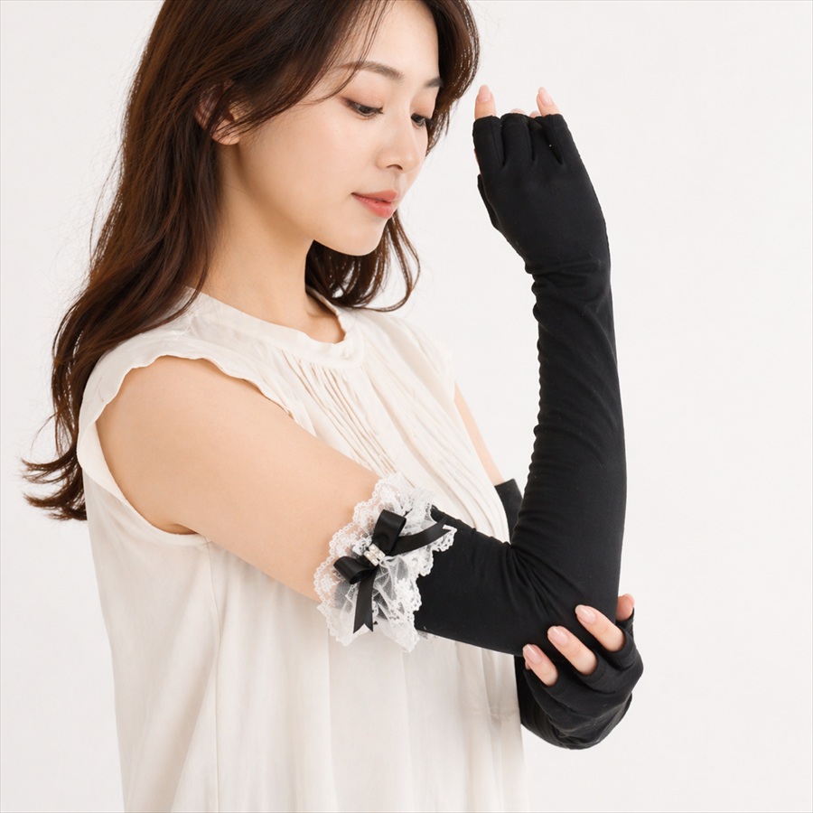 接触冷感 キラキラパーツ付リボンUVロング手袋