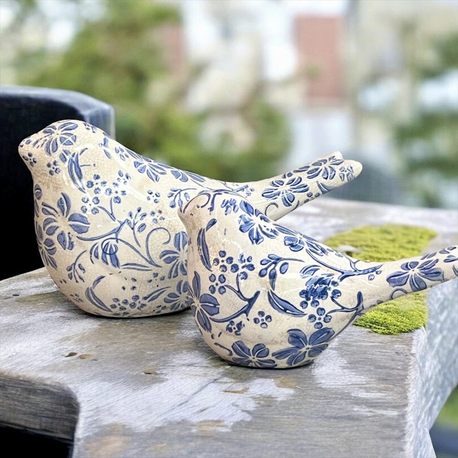 ブルーフラワー バードオブジェ 2点セット