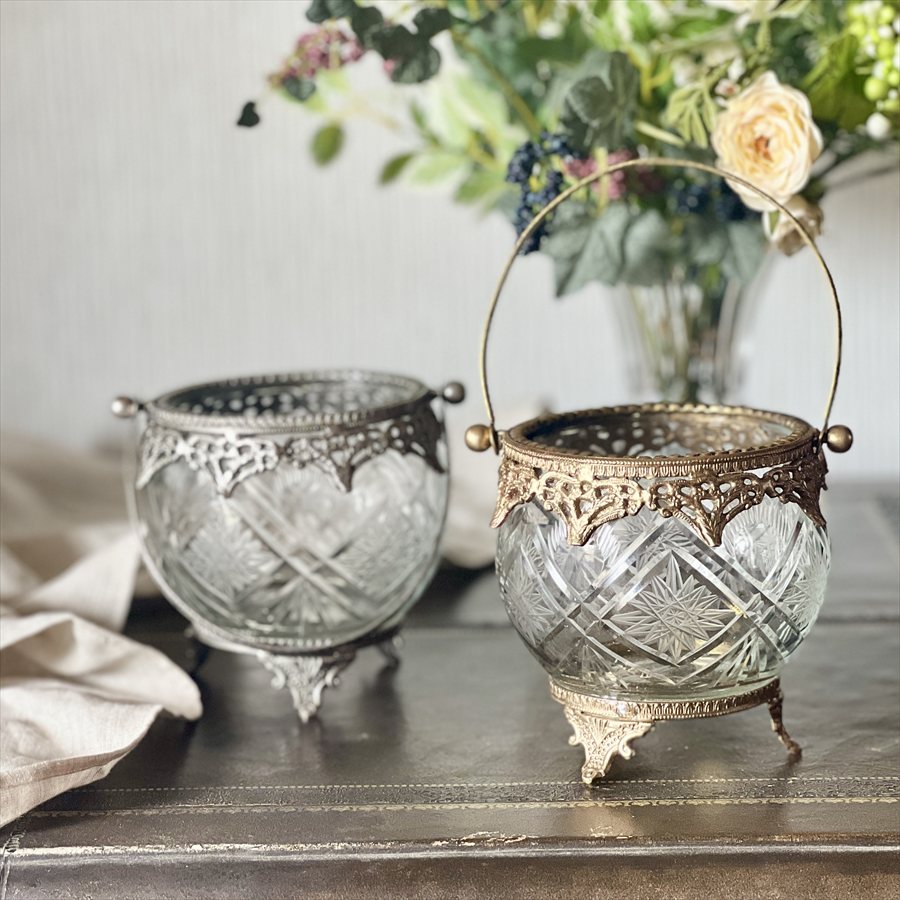ガラス＆ブラス・ラウンドバスケットガラス×透かし装飾・2色展開・花瓶