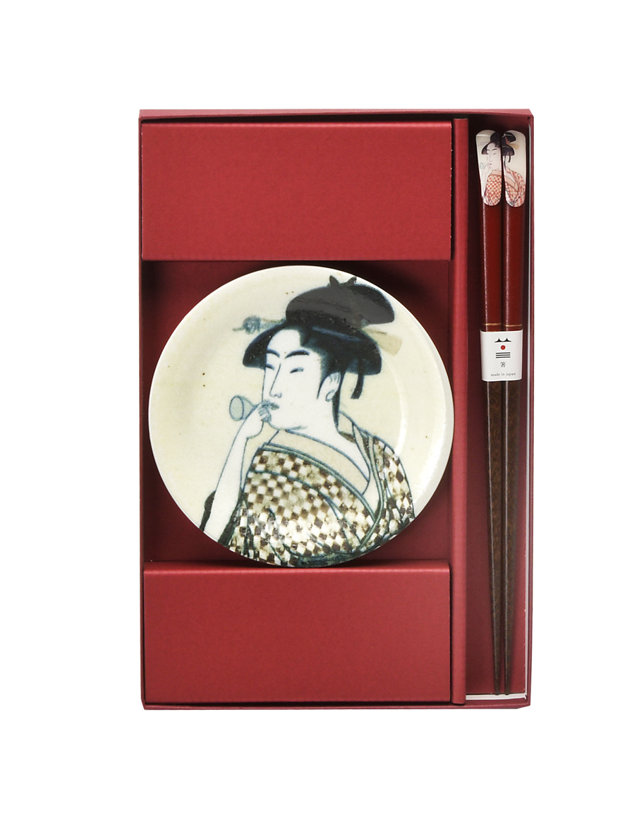 浮世絵器行　歌麿美人画　小皿箸揃