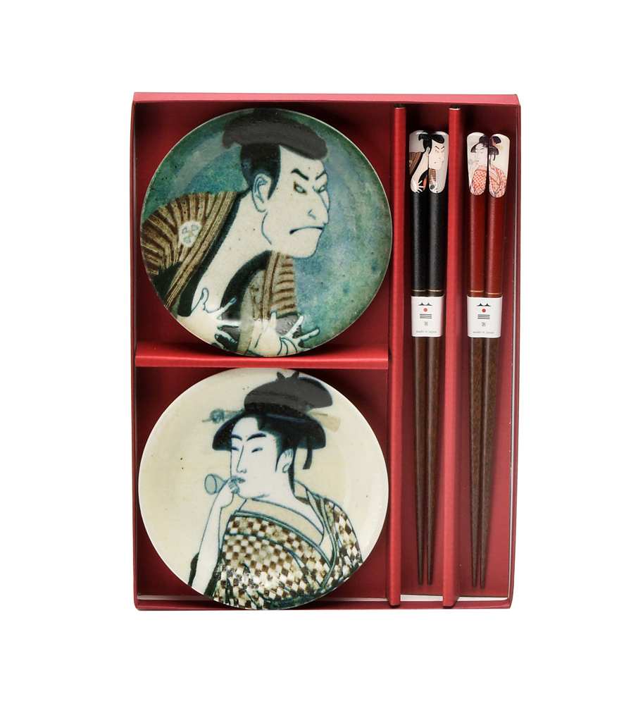 浮世絵器行　写楽・歌麿　小皿箸揃ペア