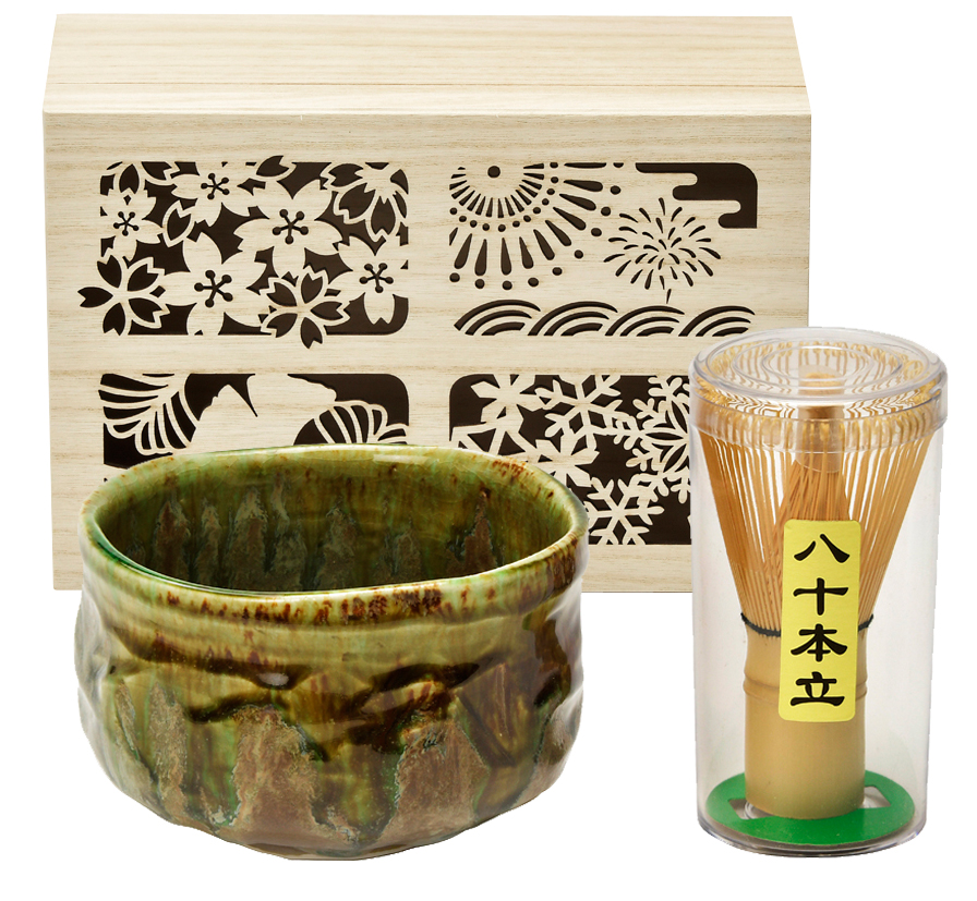 四季庵　抹茶碗セット木箱入　緑釉