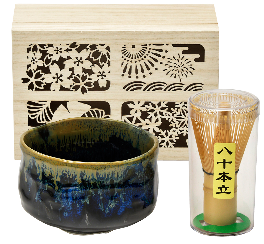 四季庵　抹茶碗セット木箱入　青黒
